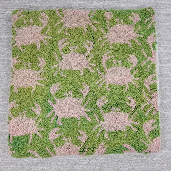 Vtg Handmade Wool Hooked Crab Pillow Cover 18x18 Coastal Nautical Beach Cottage - Picture 7 of 16